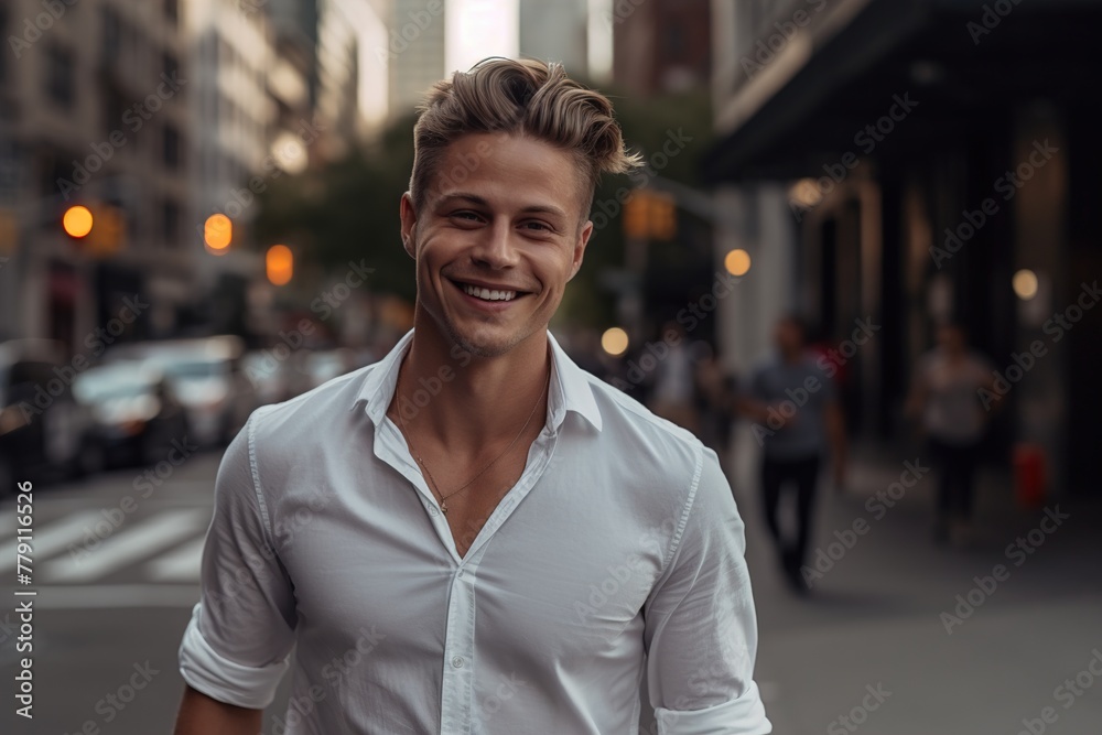 A man in a white shirt is smiling and standing on a city street