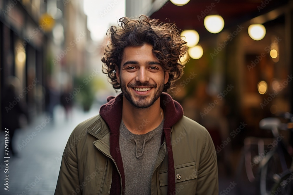 Obraz premium A man with curly hair is smiling and wearing a green jacket
