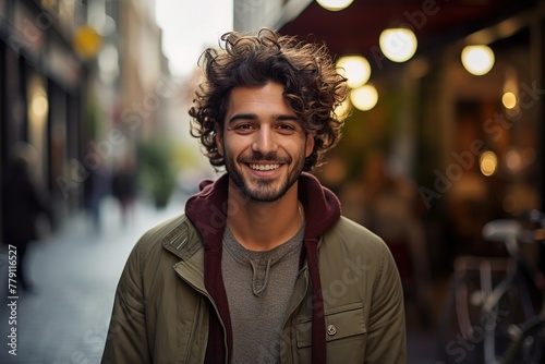 A man with curly hair is smiling and wearing a green jacket