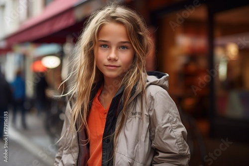 A girl with long blonde hair is wearing an orange shirt and a grey jacket