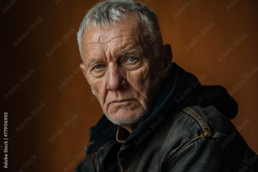 A man with gray hair and blue eyes is wearing a leather jacket A man with gray hair and blue eyes is wearing a leather jacket