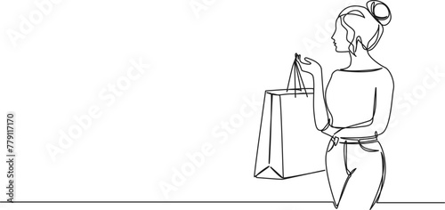 continuous single line drawing of woman with shopping bag, line art vector illustration