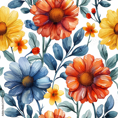 watercolor seamless pattern with large red and yellow flowers. autumn wildflowers