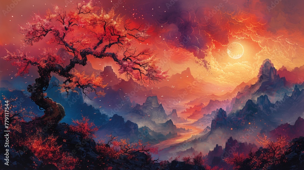 splash abstract painting depicting a mountain landscape at sunset, with stunning moon and vivid colors