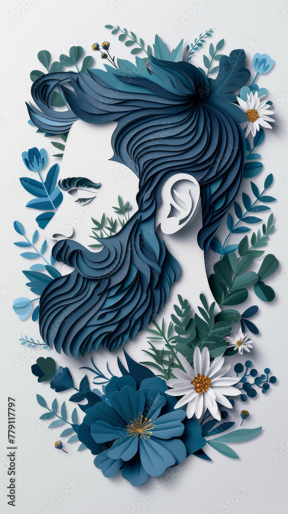 Bearded man profile paper cut style with flowers Bearded man profile paper cut style with flowers
