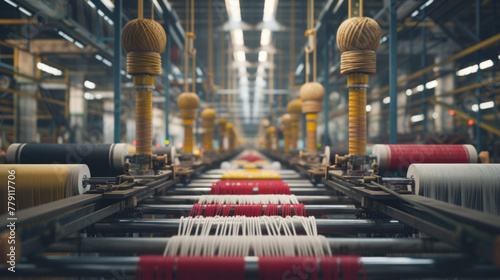 A modern textile factory with rows of looms and spinning machines, momentarily quiet but ready to produce fabrics of various colors and patterns photo