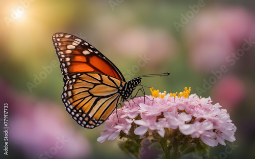 A delicate butterfly perched on a bright flower, symbolizing change and beauty, with a soft, blurred garden scene in the background © julien.habis