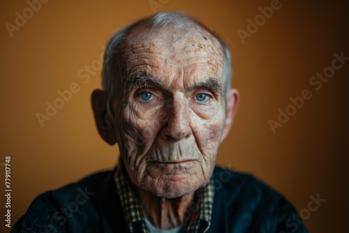 An elderly man with gray hair and blue eyes looks at the camera