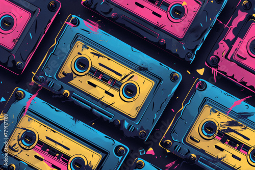 Illustration of retro cassette recorder 90s pattern, concept vintage, nostalgia background photo