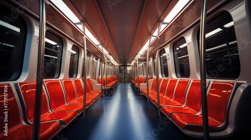 Modern train. Train carriage, with interior lights, through a futuristic subway tunnel. Transportation concept
