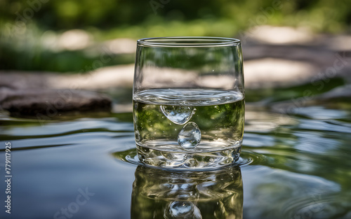 A glass of clear, fresh water with a single drop creating ripples, symbolizing purity and the essence of life, with a blurred natural spring in the background