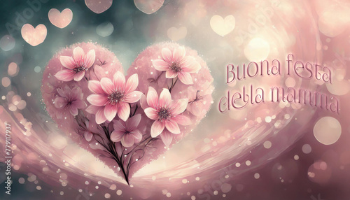 biglietto o striscione per augurare una buona festa della mamma in rosa con accanto un cuore fatto di fiori rosa su sfondo rosa e grigio e cerchi e cuori con effetto bokeh photo