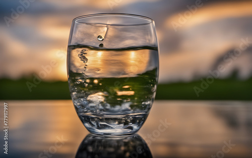 A glass of clear, fresh water with a single drop creating ripples, symbolizing purity and the essence of life, with a blurred natural spring in the background