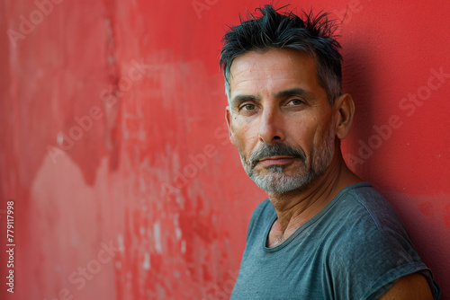 A man with a beard leans against a red wall