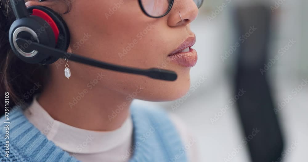 Hand, headset and woman call center consultant in office for online ecommerce consultation. Mouth, talk and closeup of female telemarketing, technical support or customer service agent in workplace.