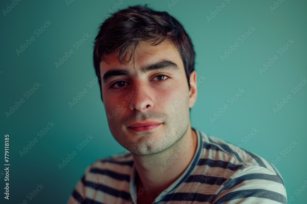 Fototapeta premium A man in a striped shirt looks at the camera