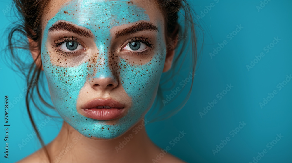 Young woman with blue cosmetic mask on her face on monochrome blue background. Emphasizing skin care and self-care. Cosmetology Young woman with blue cosmetic mask on her face on monochrome blue background. Emphasizing skin care and self-care. Cosmetology