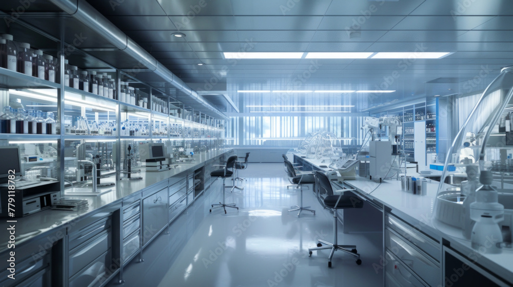 A state-of-the-art pharmaceutical research and development center with scientists' workstations and advanced testing equipment, momentarily unoccupied but ready to push the boundaries of medicine