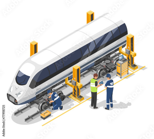 Electric train maintenance concept Vector Engineer and mechanic work together in garage station isometric isolated
