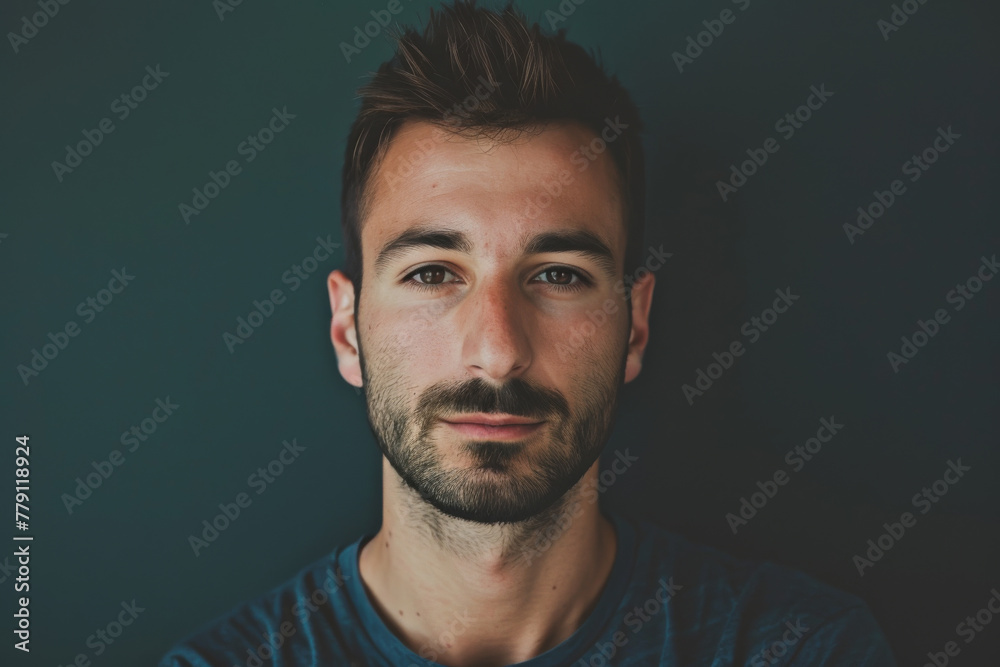 A man with a beard is wearing a blue shirt