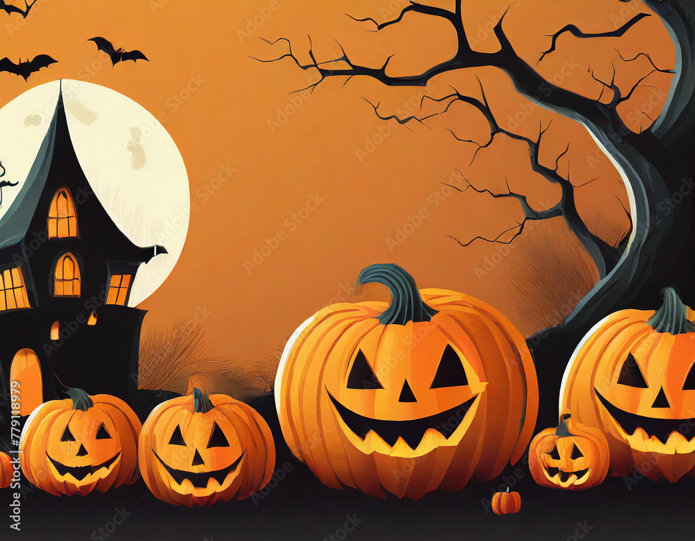 Illustration featuring happy jack-o'-lanterns, a spooky haunted house, and bats against a full moon for a festive halloween scene