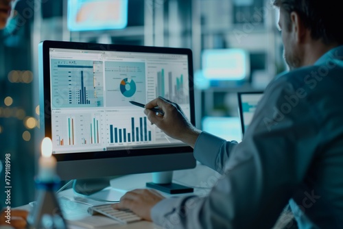 Analytical scene depicting a small business owner and a financial advisor analyzing financial data and performance metrics
