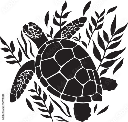 Stylized sea turtles amongst marine flora illustrated among beautifully rendered seaweed, and coral-like plants, capturing an underwater seascape