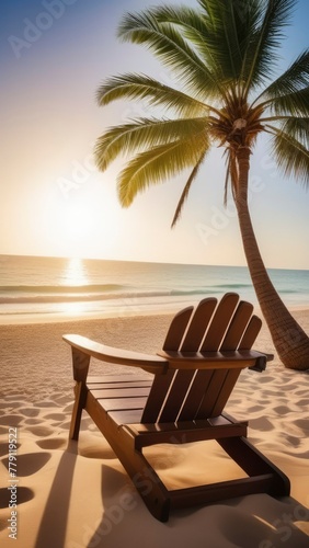 Palm trees and wooden sun lounger on the sandy beach in front of ocean or sea. Beautiful sunset with view over sea.