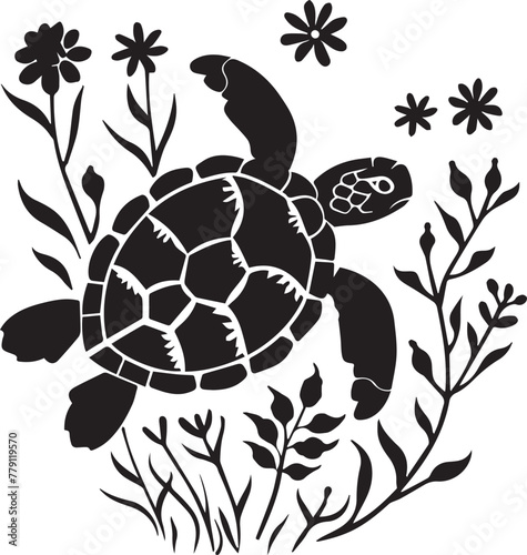 Stylized sea turtles amongst marine flora illustrated among beautifully rendered seaweed, and coral-like plants, capturing an underwater seascape