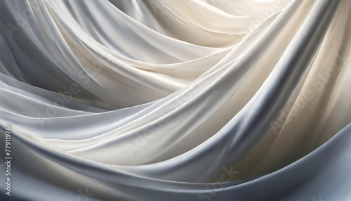 Elegant white silk sheets, soft waves, illuminated by gentle light.