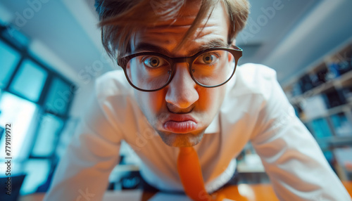 Exhausted angry businessman, man in formal clothes looking into camera, funny wide angle photo. Burnout at workplace concept. Generative AI photo