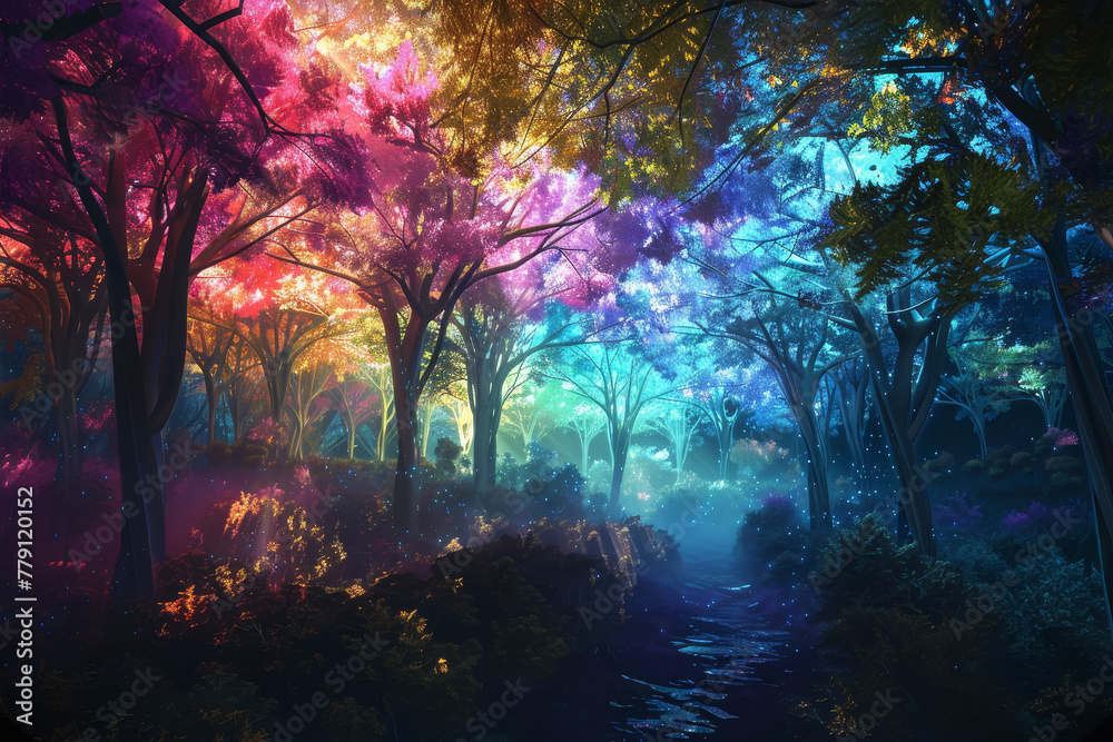 A colorful forest with trees of different colors