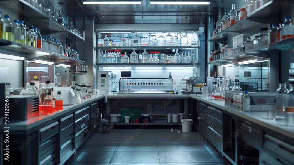 A modern food microbiology laboratory with incubators and microbial testing equipment, momentarily still but ready to test food samples for microbial contamination