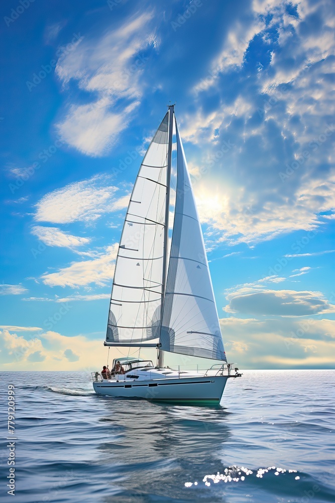 Small Sailing Yacht Against Blue Sky and Sea