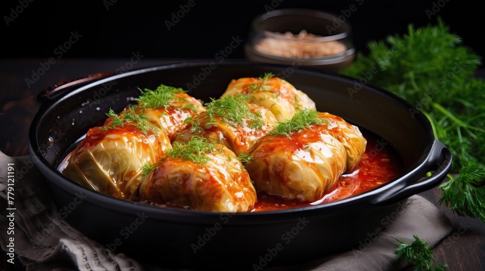 Close-Up of Stewed Cabbage Rolls in Frying Pan with Tomato Sauce