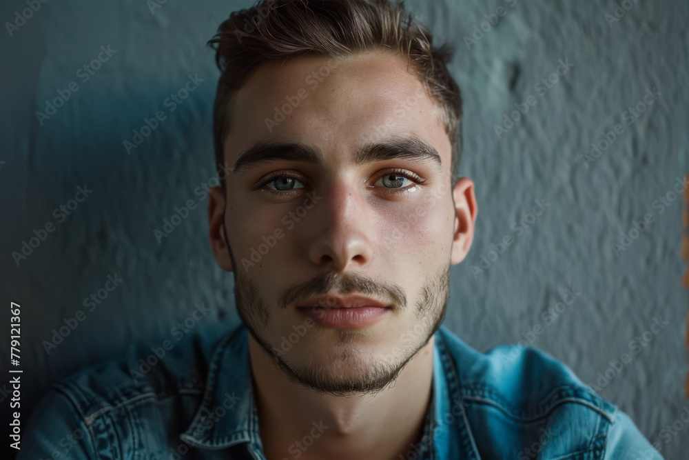 Fototapeta premium A close up of a man 's face with a blue shirt on