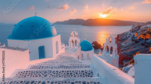 Sunset Over Santorini Iconic Blue Dome Churches.