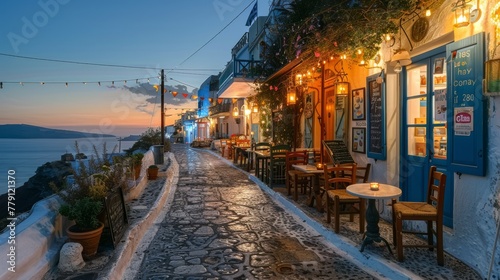 Sunset Over a Seaside Village with Cobblestone Streets.