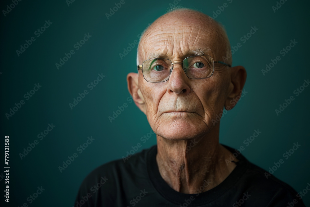 An older man wearing glasses and a black shirt looks at the camera An older man wearing glasses and a black shirt looks at the camera