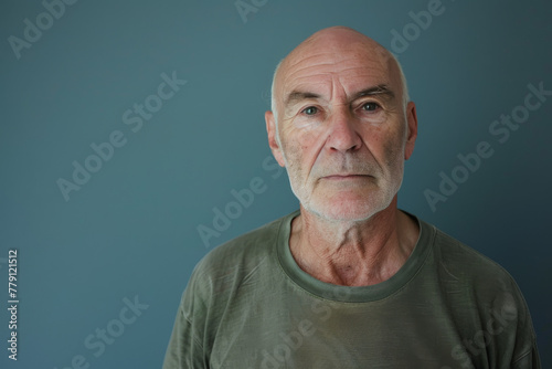 A bald man with a beard is wearing a green shirt