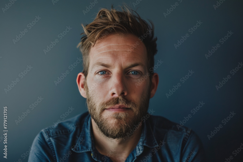 A man with a beard is wearing a blue shirt