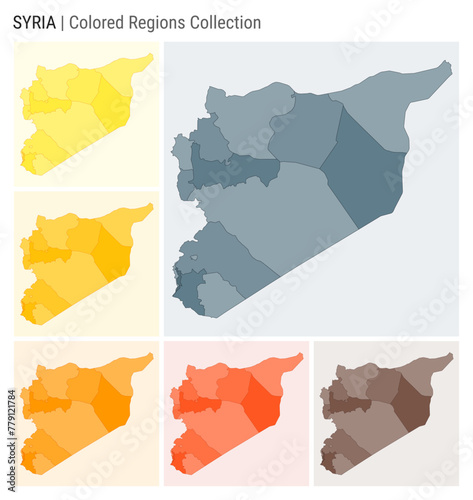 Syria map collection. Country shape with colored regions. Blue Grey, Yellow, Amber, Orange, Deep Orange, Brown color palettes. Border of Syria with provinces for your infographic. Vector illustration.