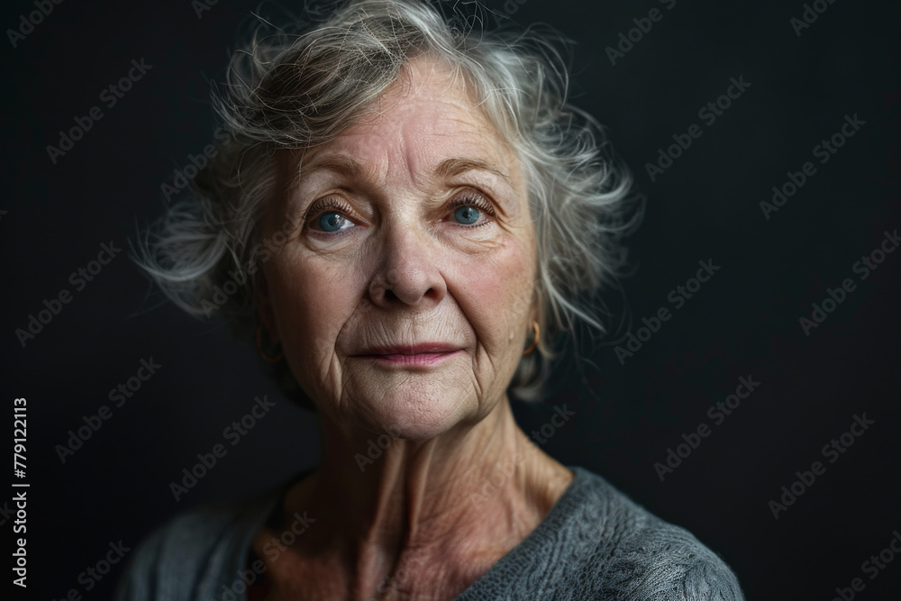 A woman with gray hair and blue eyes looks at the camera