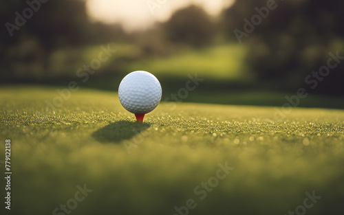 A golf ball on a tee, symbolizing tranquility and focus, with a defocused lush golf course in the background photo