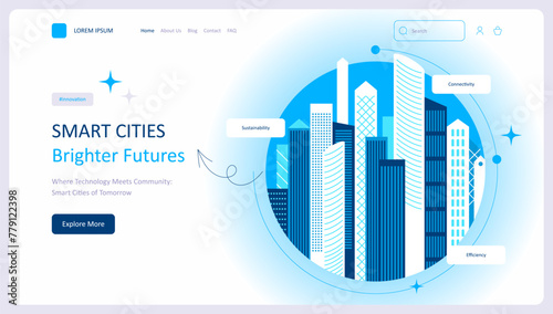 Smart city concept. Landing page website design. Urban landscape with infographic elements. Presentation slide template. Modern vector illustration concepts for website and mobile website development