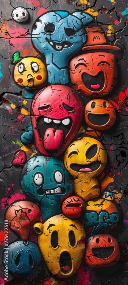 graffiti of many different emojis, vector art, black background.generative ai