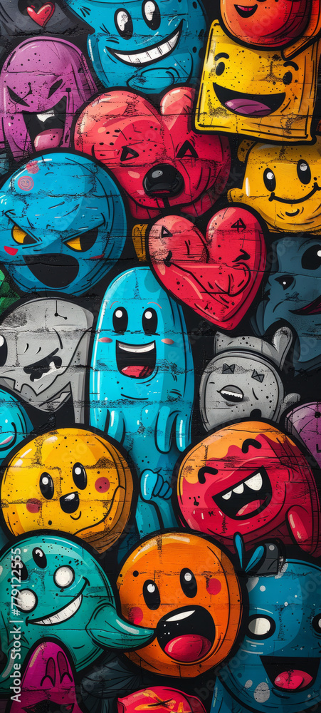 graffiti of many different emojis, vector art, black background.generative ai