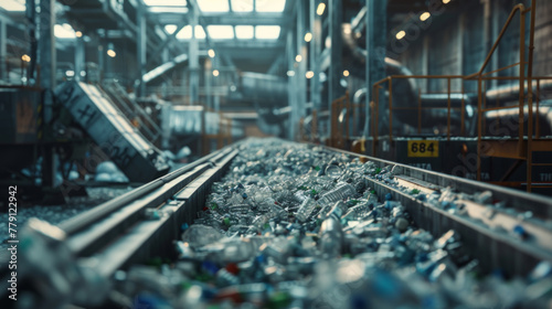 A modern plastic recycling plant with sorting machines and shredders, momentarily paused but ready to recycle plastic waste into reusable materials photo
