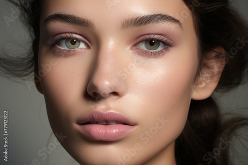 a realistic photo of a close-up of a model with skin imperfections smokey pink eyes, matching blush and bronzer © Iryna