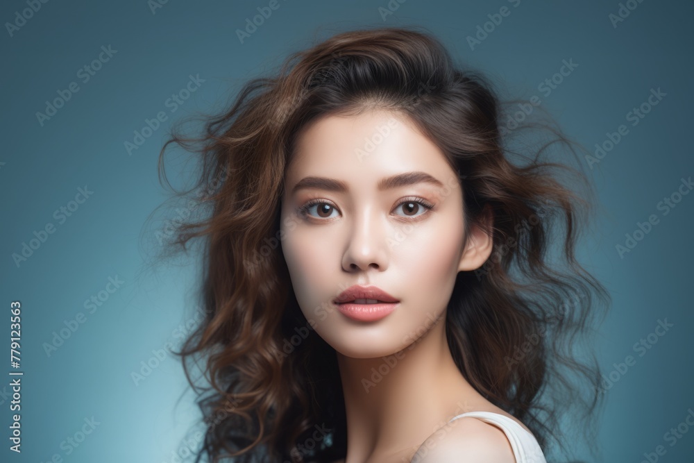 A young woman with voluminous curly hair against a solid blue backdrop